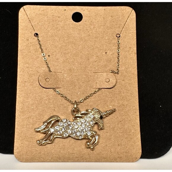 Rhinestone Unicorn Gold Tone  1-3/4" Pendant Necklace Pave Crystal 15" GF Chain - Picture 1 of 11